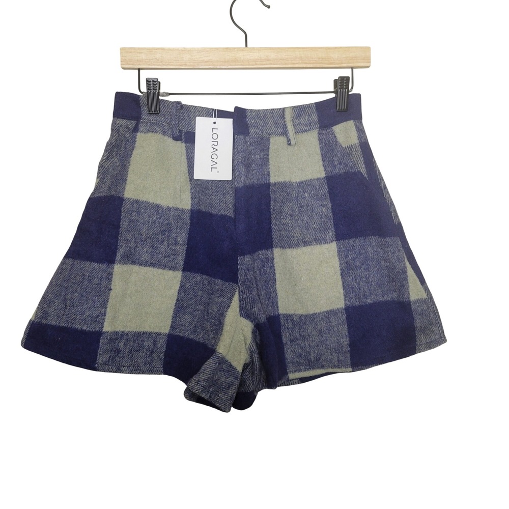 Loragal Plaid Wide Leg Shorts Womens L Blue Grey NEW High Waist Buffalo Check
